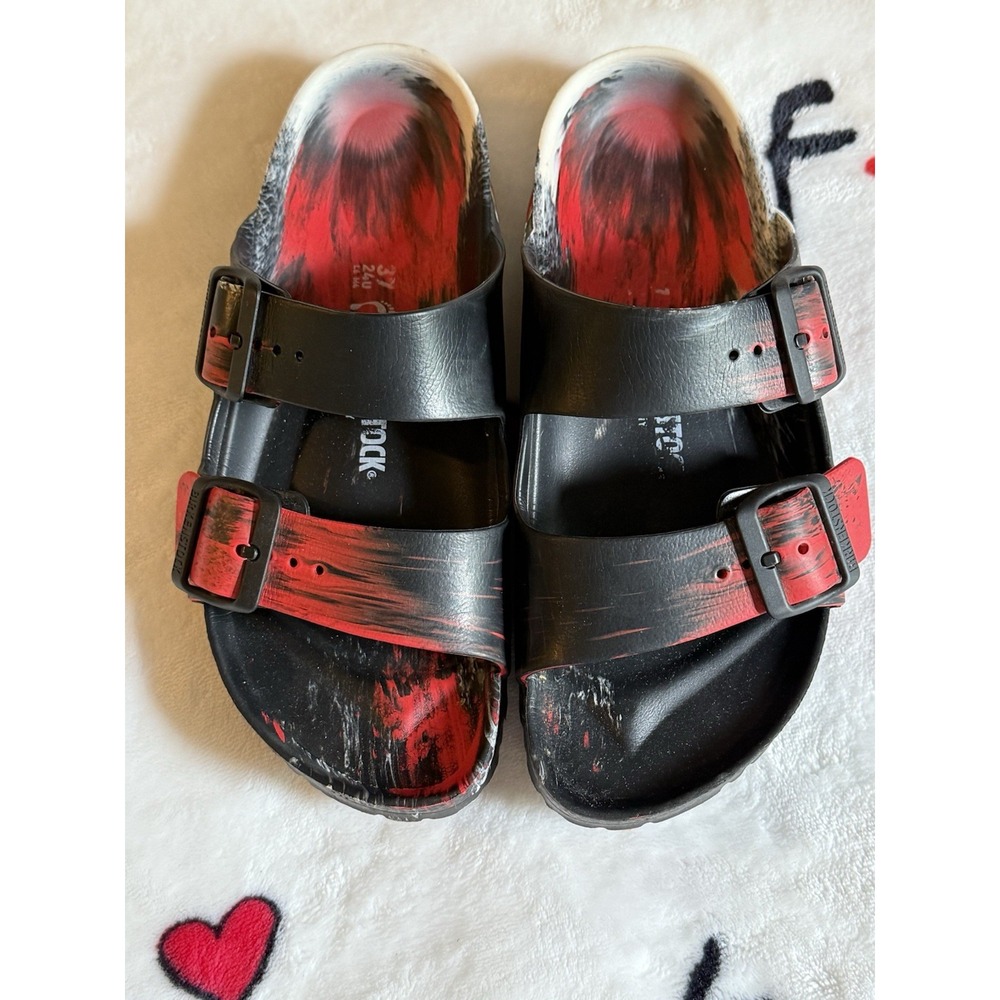 Birkenstock ARIZONA EVA Sandals Red Black White Brush Paint Pattern Sz W6 Men 4